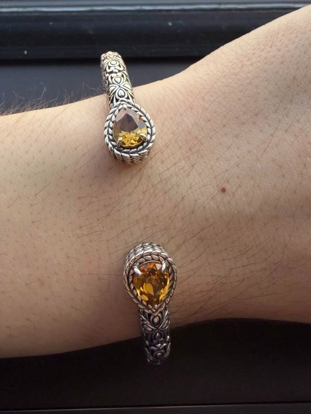 JAI Sterling Silver Pear Gemstone & Heritage Lotus Cuff, 23.5g, Citrine Small